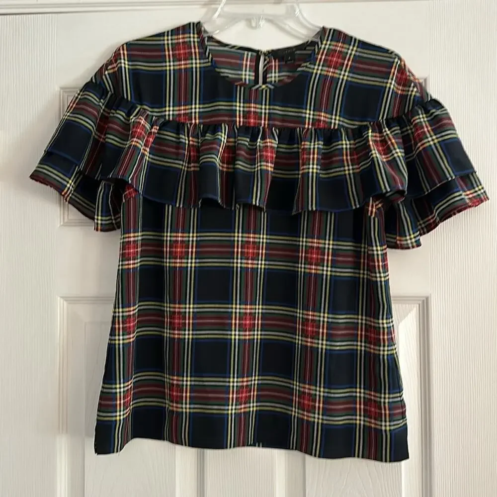 J Crew Edie Stewart Plaid Ruffle Top Black Red Green SIZE 2 Blouse Tartan Top
